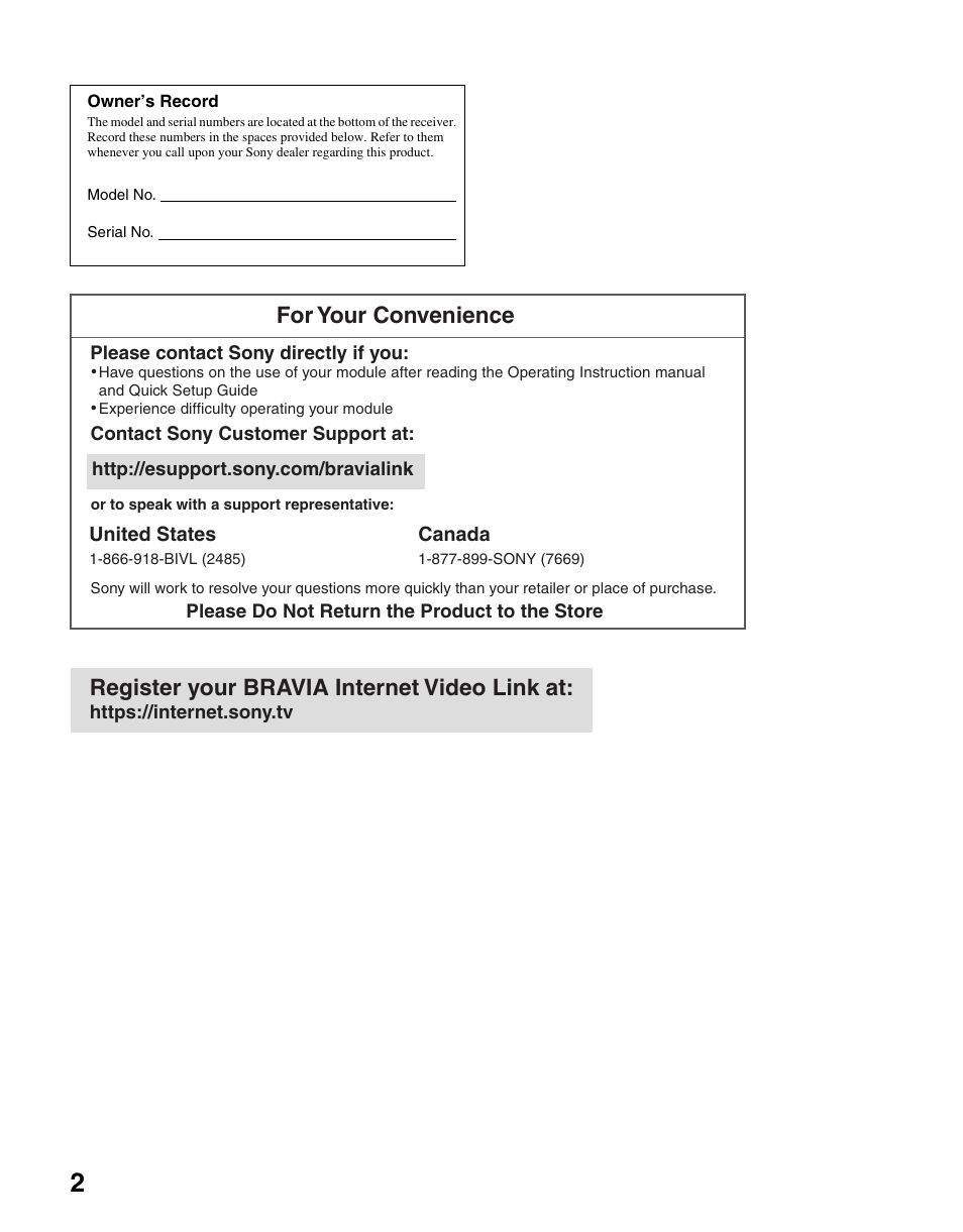 For your convenience, Register your bravia internet video link at | Sony DMX-NV1 User Manual | Page 2 / 54