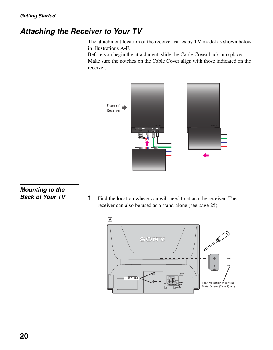 Attaching the receiver to your tv, Mounting to the back of your tv, 20 attaching the receiver to your tv | Getting started | Sony DMX-NV1 User Manual | Page 20 / 54