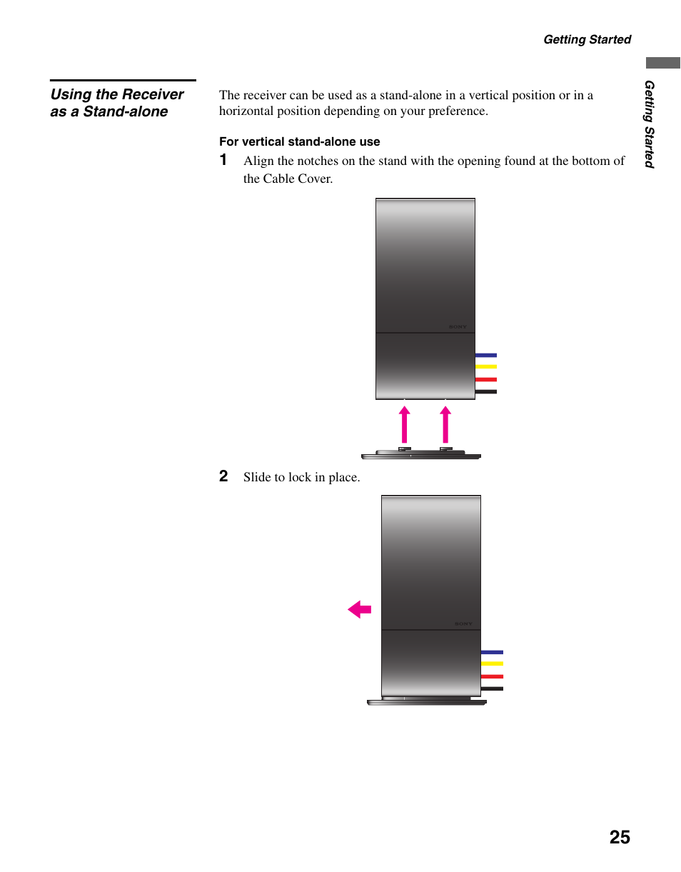 Using the receiver as a stand-alone, Slide to lock in place, Getting started | For vertical stand-alone use | Sony DMX-NV1 User Manual | Page 25 / 54