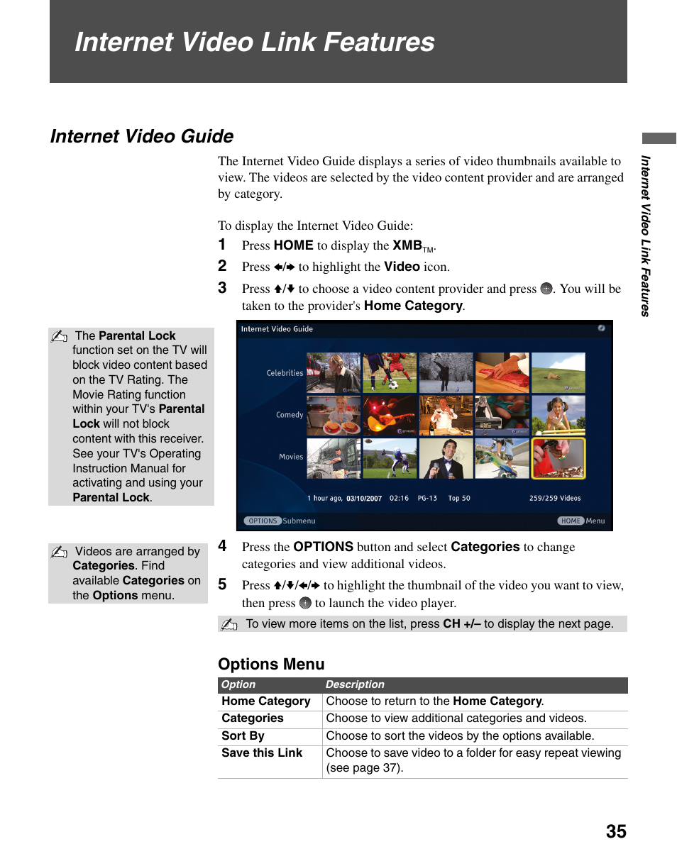 Internet video link features, Internet video guide, Options menu | Sony DMX-NV1 User Manual | Page 35 / 54