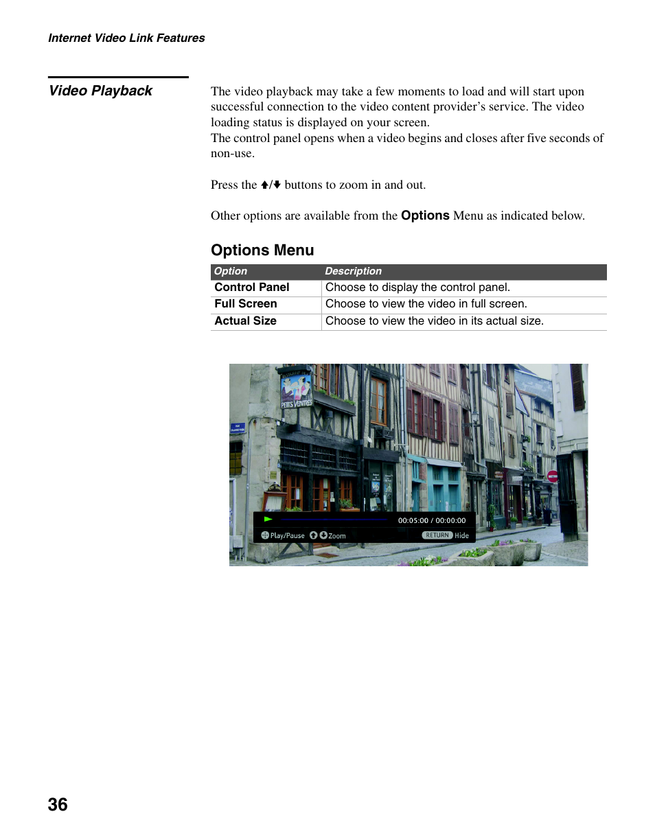 Video playback, Options menu | Sony DMX-NV1 User Manual | Page 36 / 54
