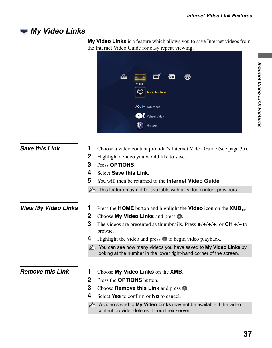 My video links, Save this link, View my video links | Remove this link | Sony DMX-NV1 User Manual | Page 37 / 54