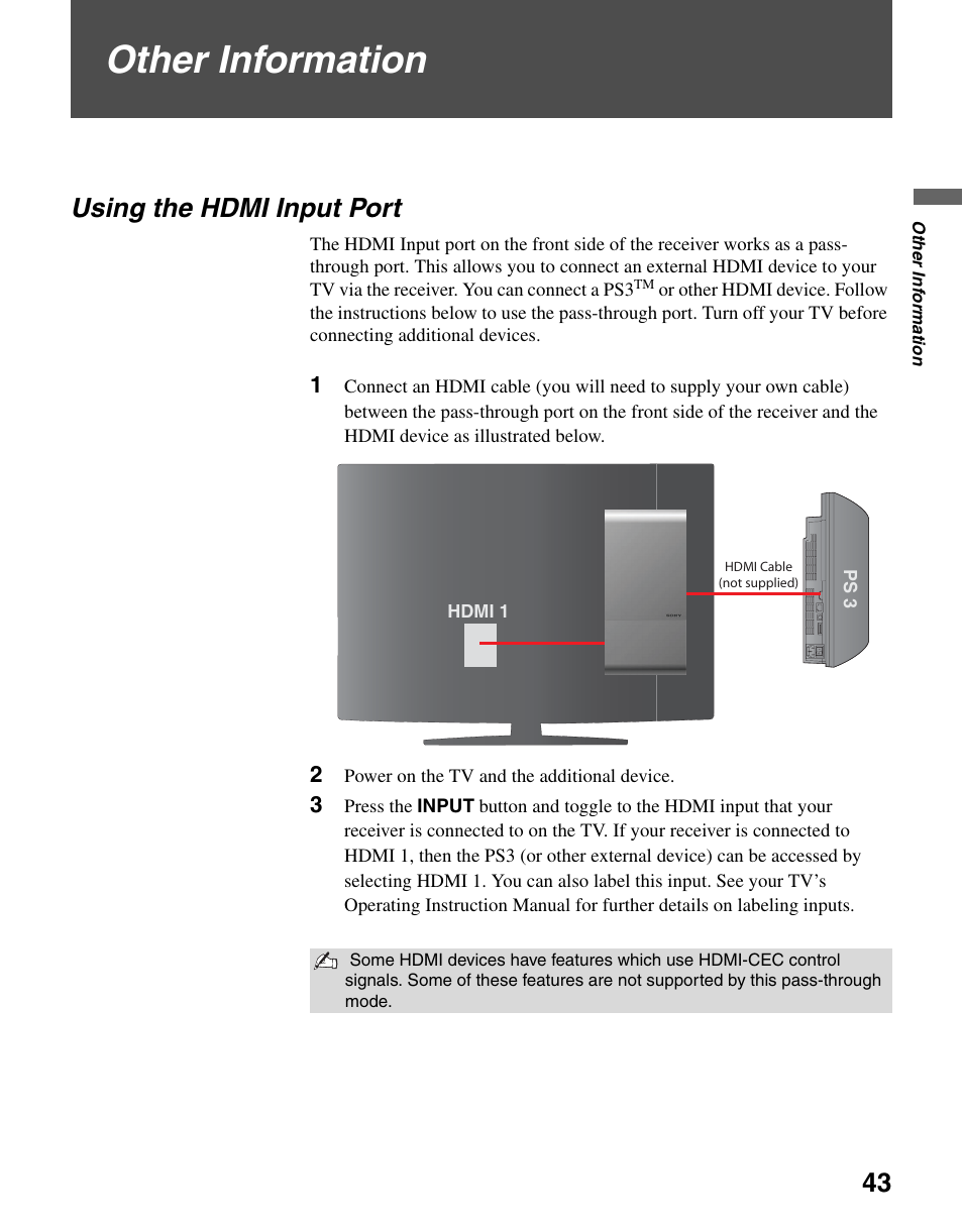 Other information, Using the hdmi input port | Sony DMX-NV1 User Manual | Page 43 / 54