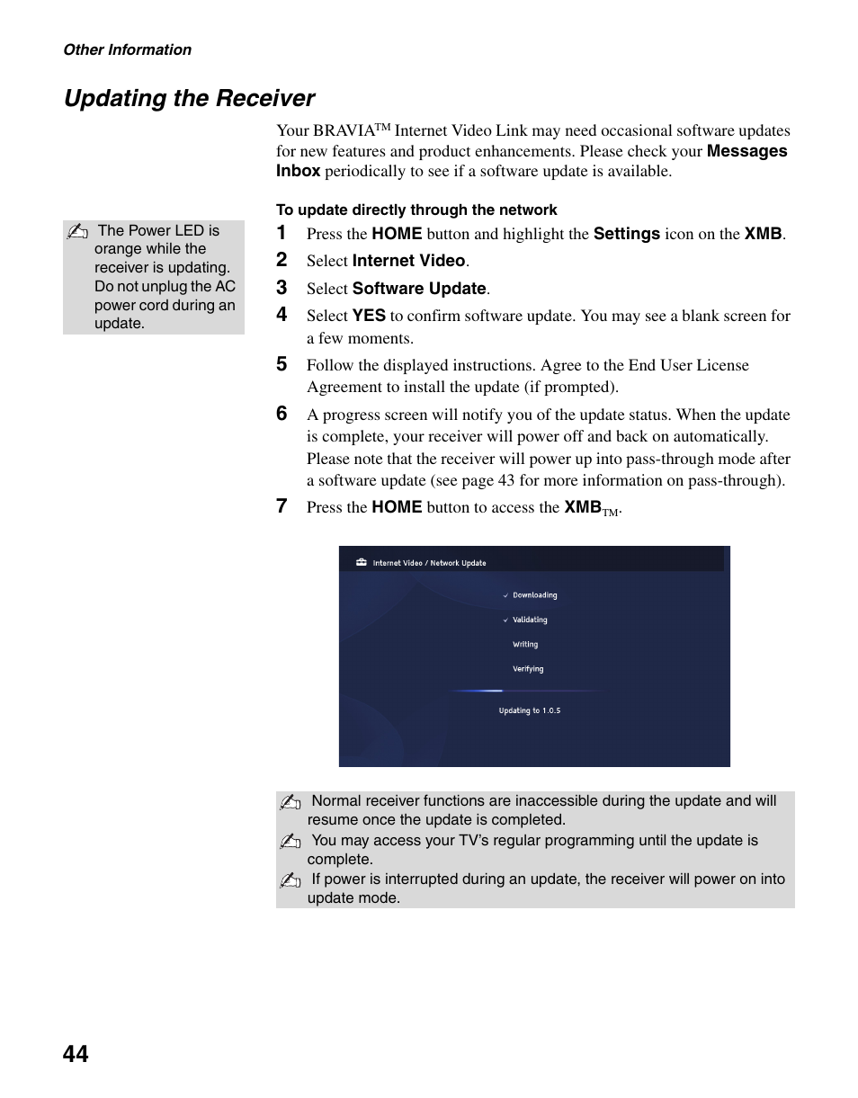 Updating the receiver, 44 updating the receiver | Sony DMX-NV1 User Manual | Page 44 / 54