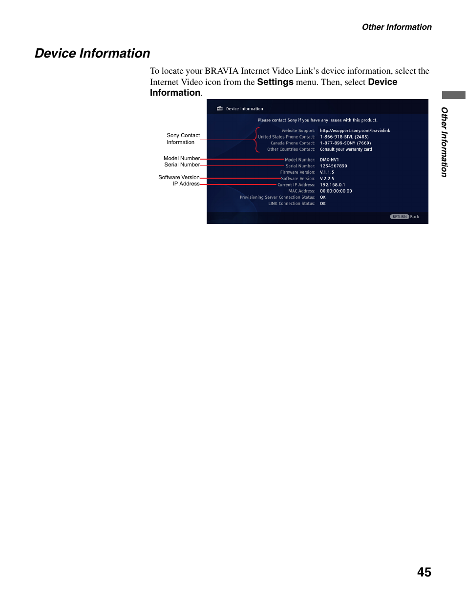 Device information | Sony DMX-NV1 User Manual | Page 45 / 54