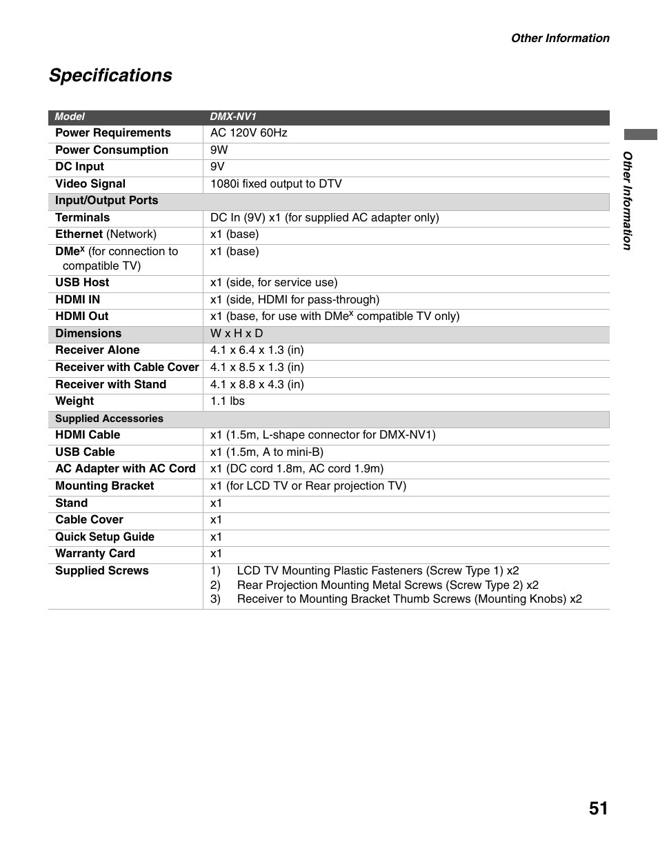 Specifications | Sony DMX-NV1 User Manual | Page 51 / 54
