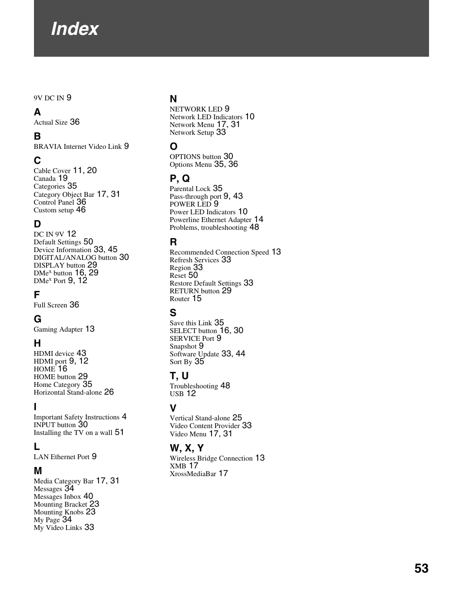Index | Sony DMX-NV1 User Manual | Page 53 / 54