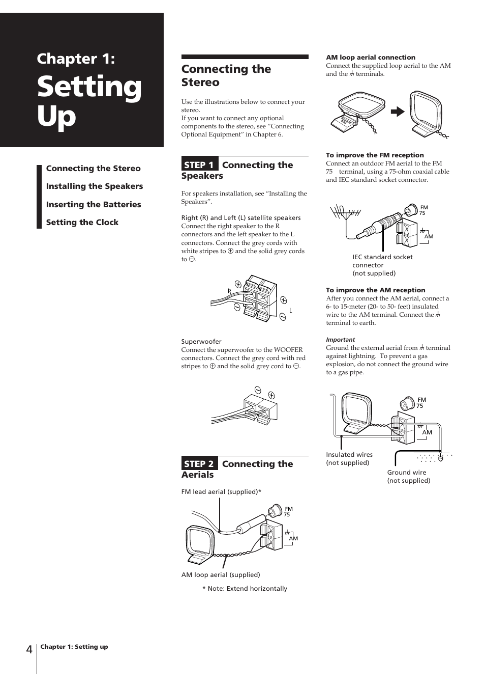 Setting up, Chapter 1, Connecting the stereo | Sony CHC-P33D User Manual | Page 2 / 8