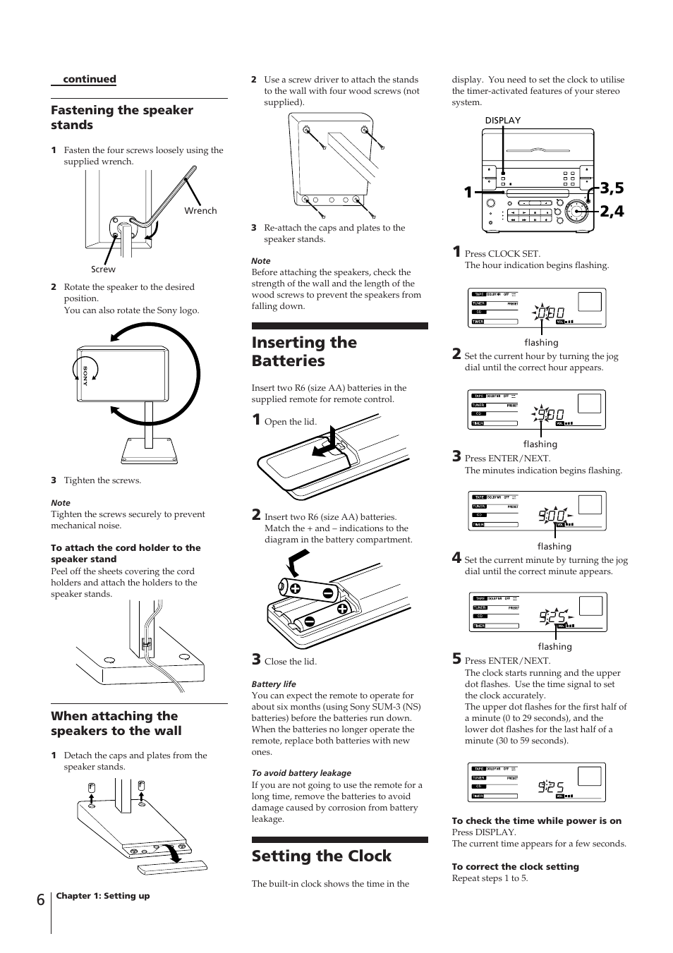 Inserting the batteries, Setting the clock | Sony CHC-P33D User Manual | Page 4 / 8