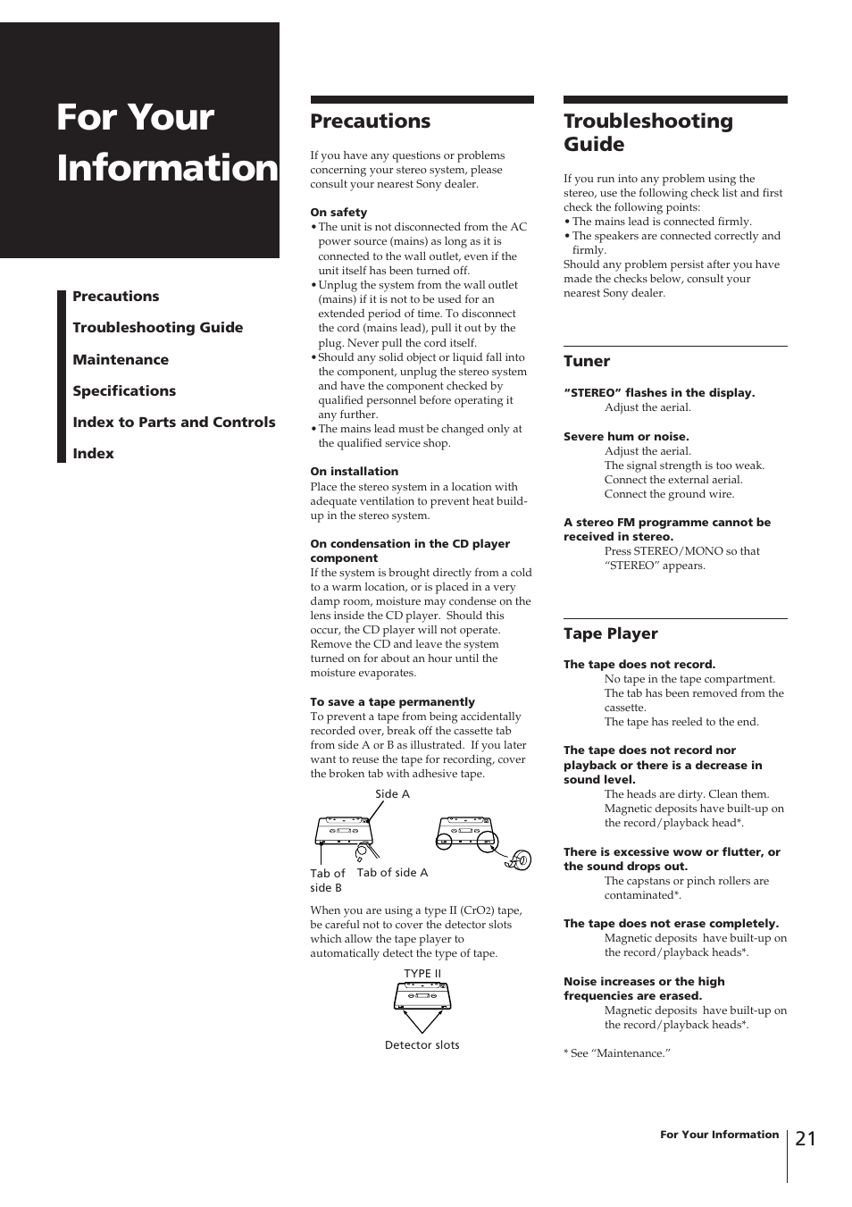 For your information, Precautions, Troubleshooting guide | Tuner, Tape player | Sony CHC-P33D User Manual | Page 5 / 8