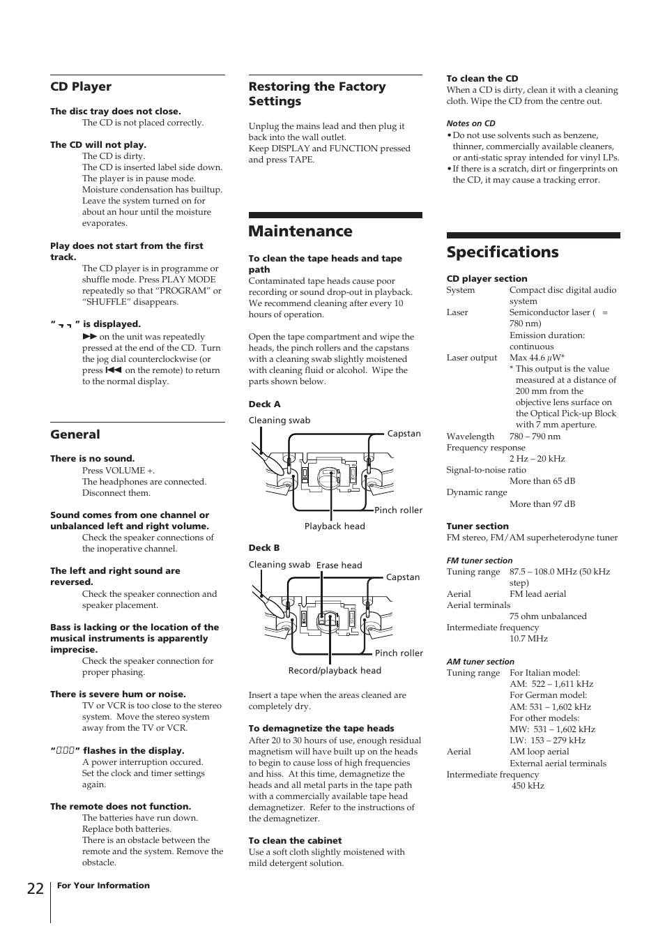 Maintenance, Specifications, Restoring the factory settings | Cd player, General | Sony CHC-P33D User Manual | Page 6 / 8