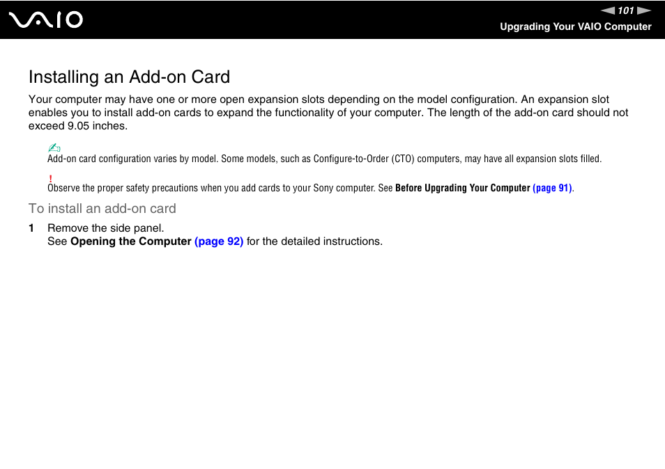 Installing an add-on card | Sony VGC-RC210 User Manual | Page 101 / 175