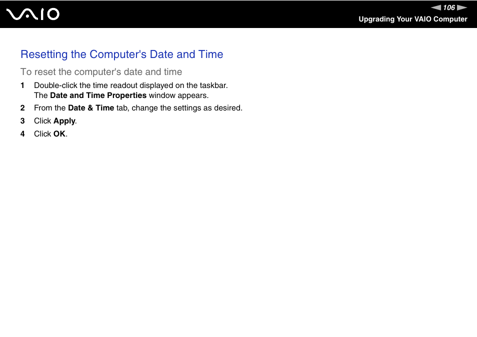 Resetting the computer's date and time | Sony VGC-RC210 User Manual | Page 106 / 175