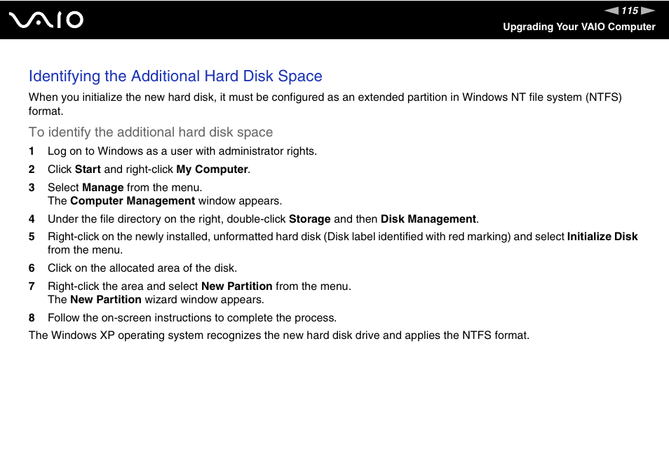 Identifying the additional hard disk space | Sony VGC-RC210 User Manual | Page 115 / 175