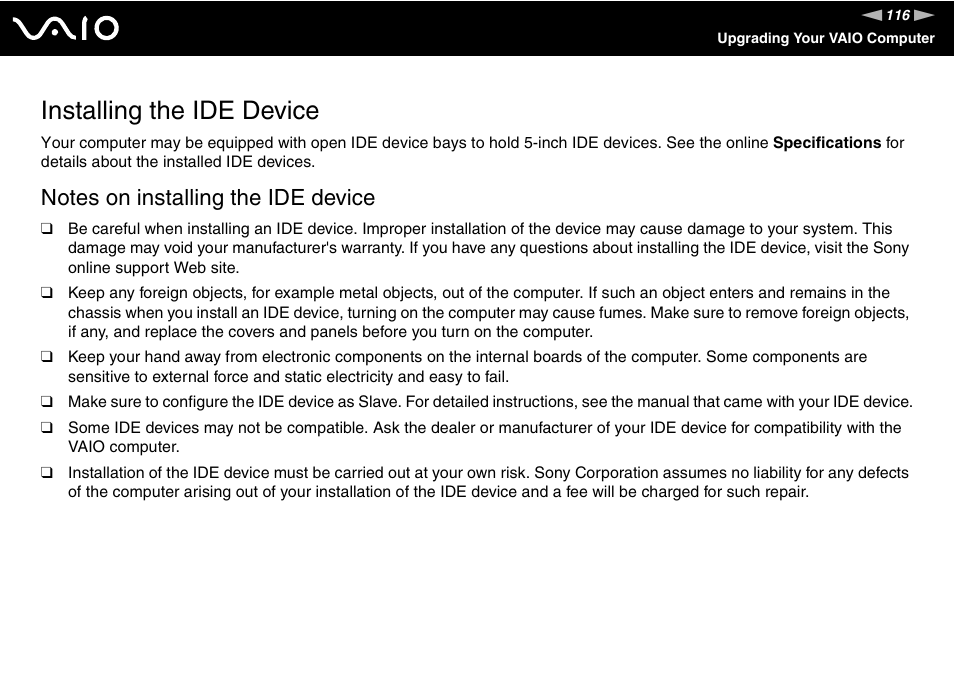 Installing the ide device | Sony VGC-RC210 User Manual | Page 116 / 175