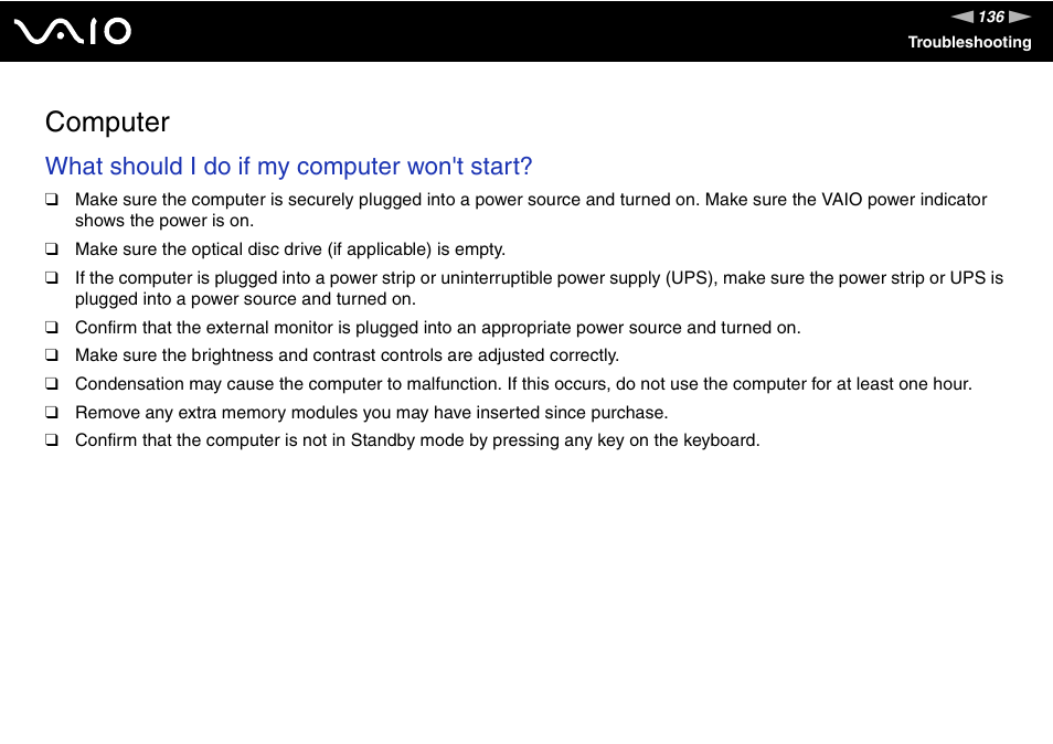 Computer, What should i do if my computer won't start | Sony VGC-RC210 User Manual | Page 136 / 175