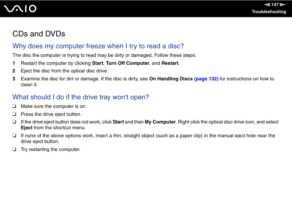 Cds and dvds, What should i do if the drive tray won't open | Sony VGC-RC210 User Manual | Page 147 / 175