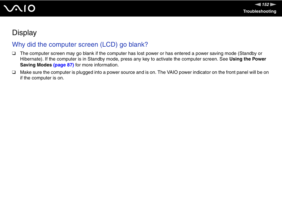 Display, Why did the computer screen (lcd) go blank | Sony VGC-RC210 User Manual | Page 152 / 175