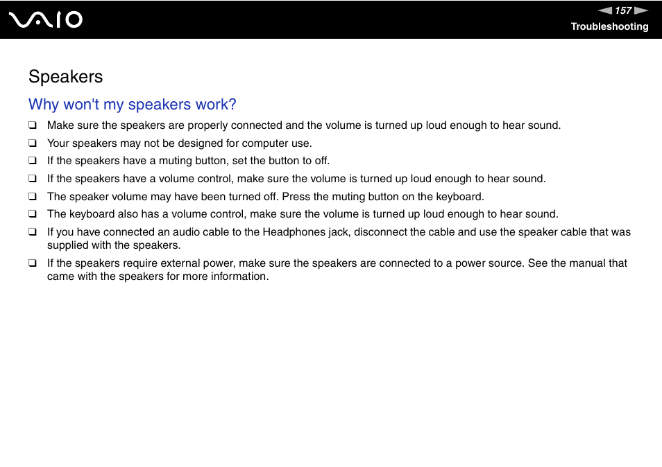 Speakers, Why won't my speakers work | Sony VGC-RC210 User Manual | Page 157 / 175