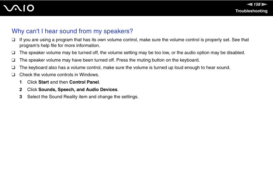 Why can't i hear sound from my speakers | Sony VGC-RC210 User Manual | Page 158 / 175