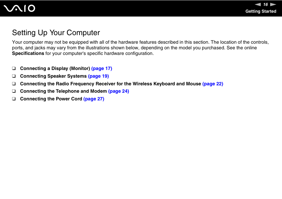 Setting up your computer | Sony VGC-RC210 User Manual | Page 16 / 175