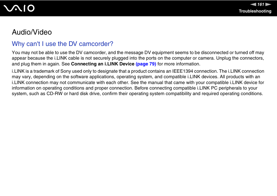 Audio/video, Why can't i use the dv camcorder | Sony VGC-RC210 User Manual | Page 161 / 175