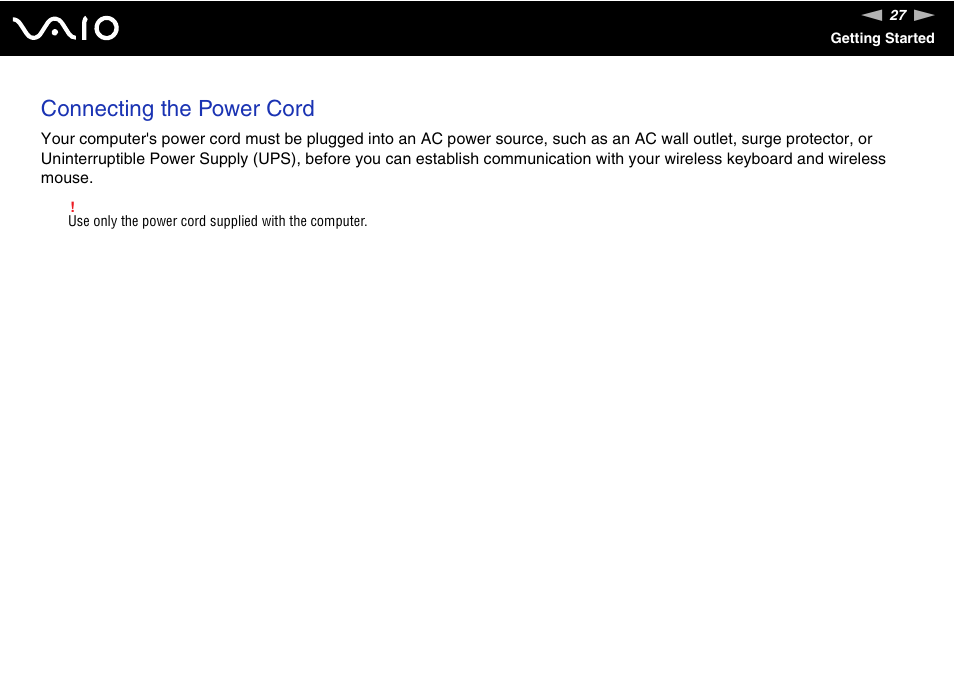 Connecting the power cord | Sony VGC-RC210 User Manual | Page 27 / 175