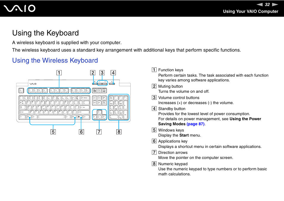 Using the keyboard, Using the wireless keyboard | Sony VGC-RC210 User Manual | Page 32 / 175