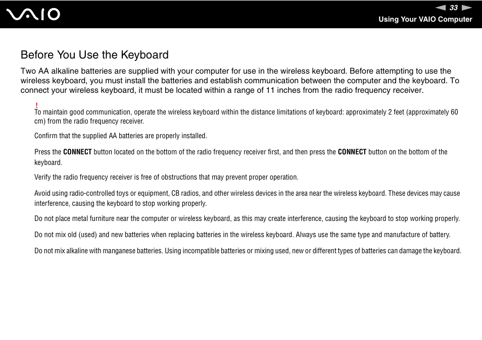 Before you use the keyboard | Sony VGC-RC210 User Manual | Page 33 / 175