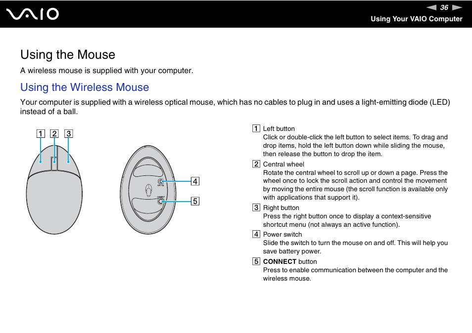 Using the mouse, Using the wireless mouse | Sony VGC-RC210 User Manual | Page 36 / 175