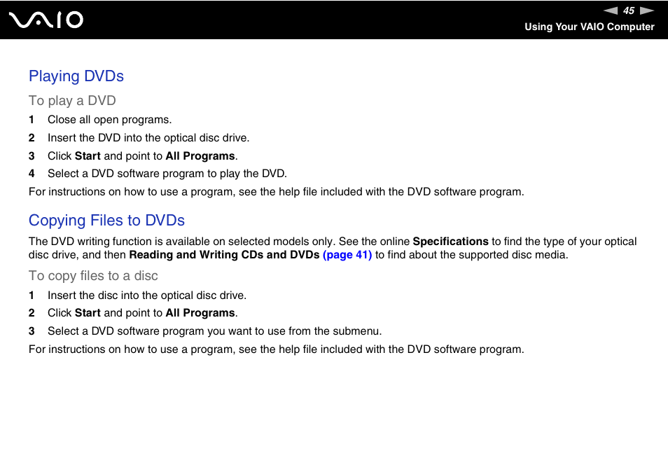 Playing dvds, Copying files to dvds | Sony VGC-RC210 User Manual | Page 45 / 175