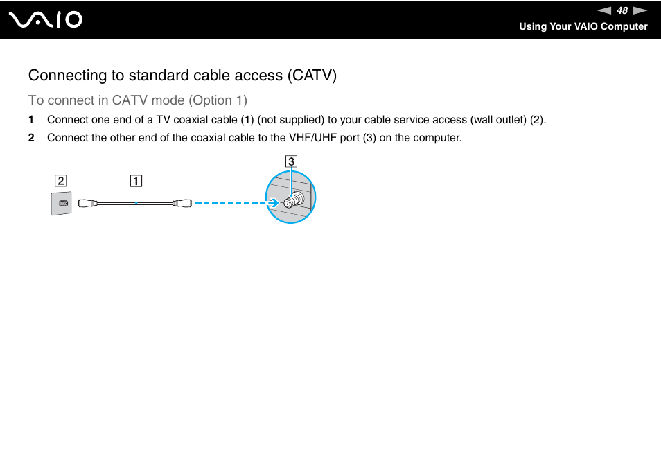 Connecting to standard cable access (catv) | Sony VGC-RC210 User Manual | Page 48 / 175