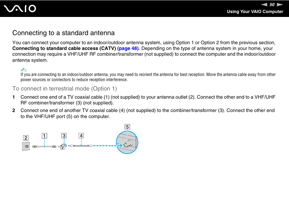 Connecting to a standard antenna | Sony VGC-RC210 User Manual | Page 50 / 175