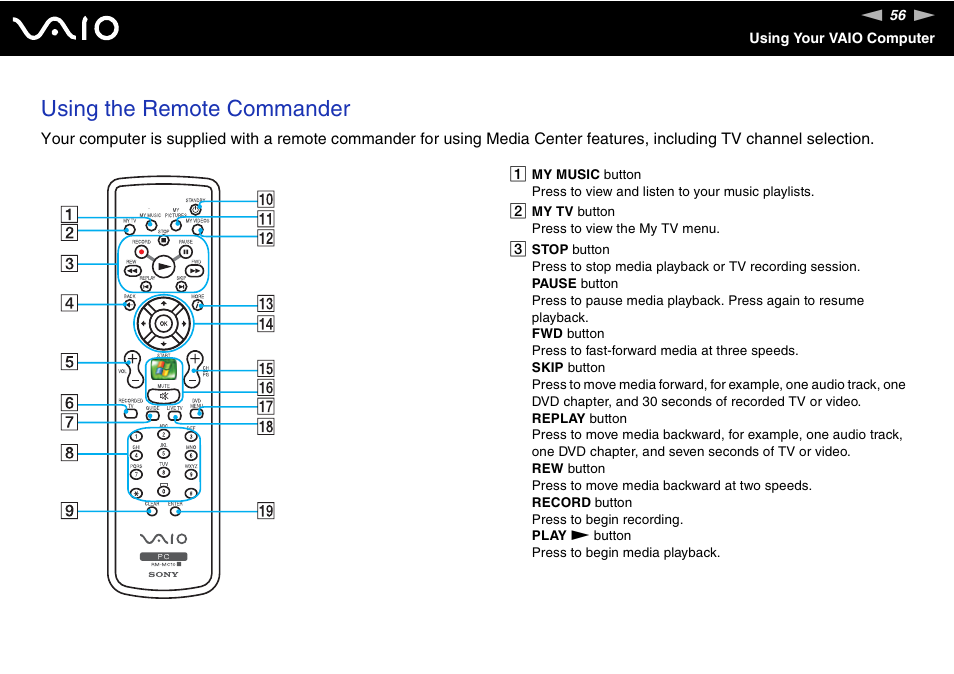 Using the remote commander | Sony VGC-RC210 User Manual | Page 56 / 175