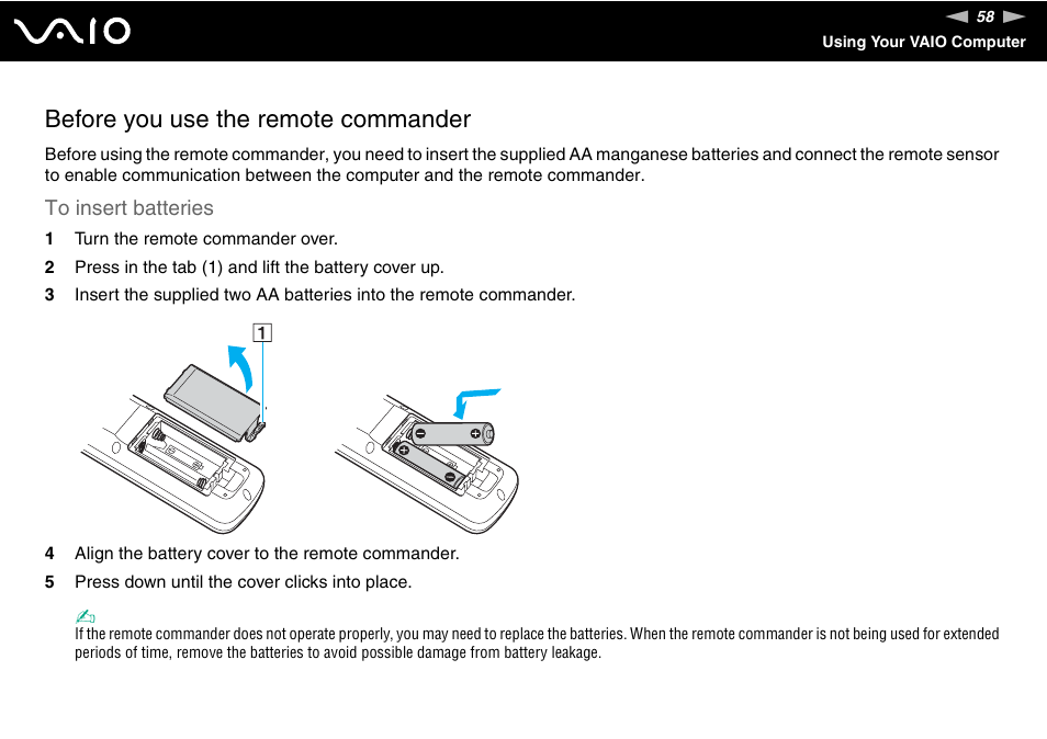 Before you use the remote commander | Sony VGC-RC210 User Manual | Page 58 / 175