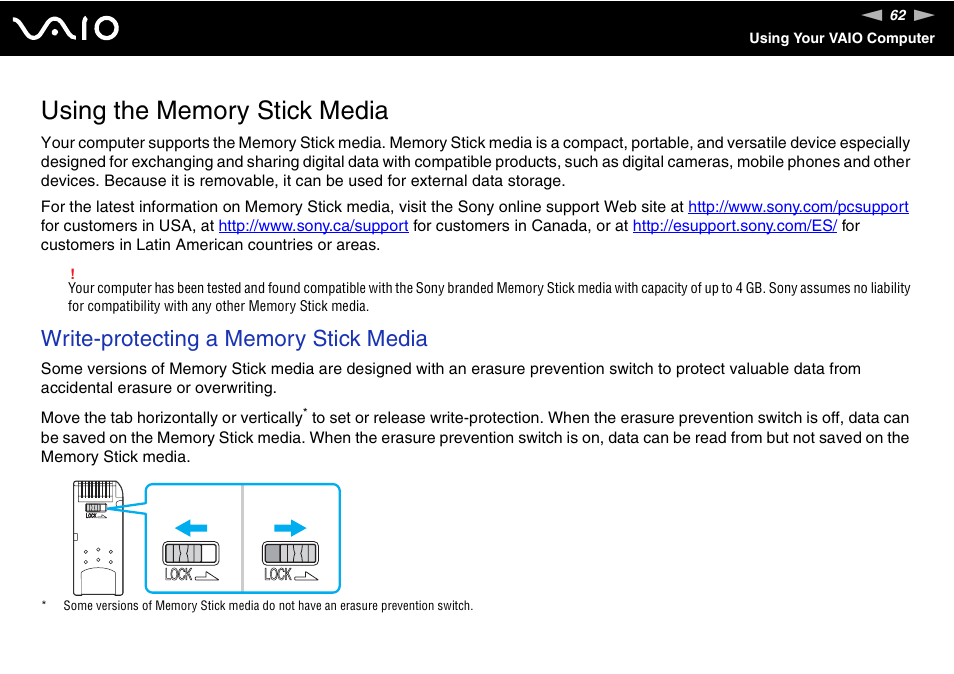 Using the memory stick media | Sony VGC-RC210 User Manual | Page 62 / 175