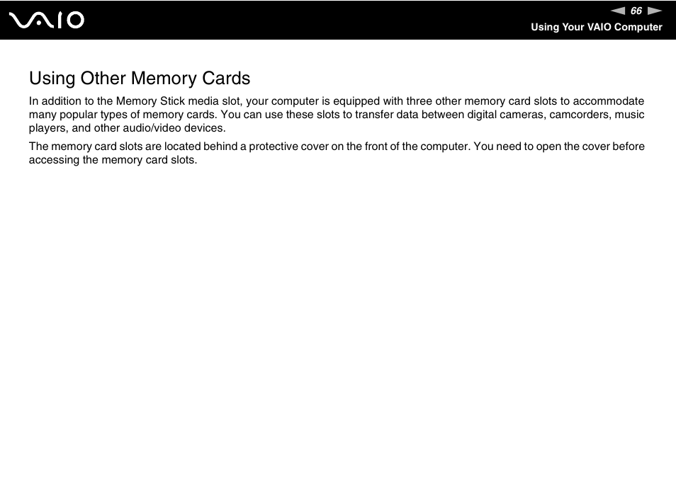 Using other memory cards | Sony VGC-RC210 User Manual | Page 66 / 175