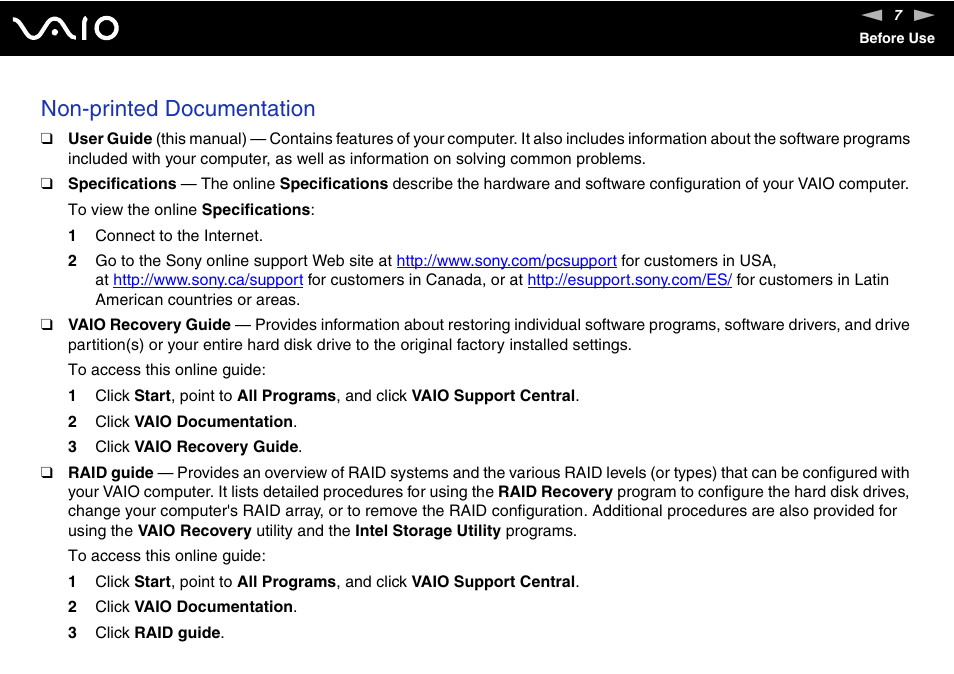 Non-printed documentation | Sony VGC-RC210 User Manual | Page 7 / 175