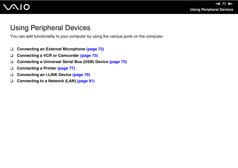 Using peripheral devices | Sony VGC-RC210 User Manual | Page 71 / 175