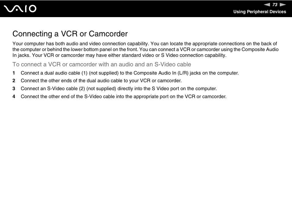Connecting a vcr or camcorder | Sony VGC-RC210 User Manual | Page 73 / 175
