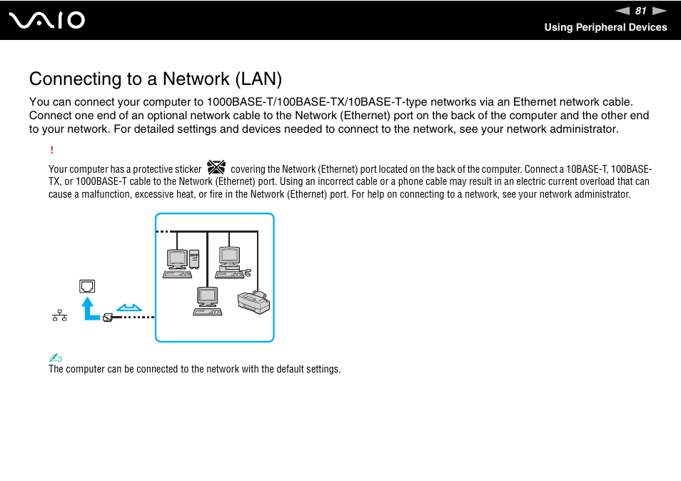 Connecting to a network (lan) | Sony VGC-RC210 User Manual | Page 81 / 175