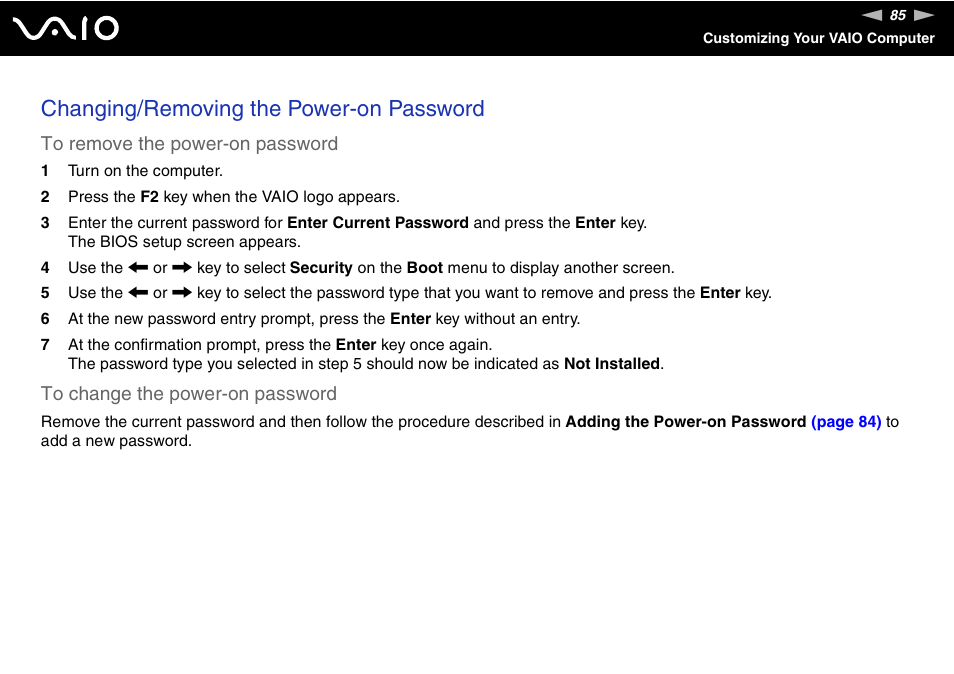 Changing/removing the power-on password | Sony VGC-RC210 User Manual | Page 85 / 175