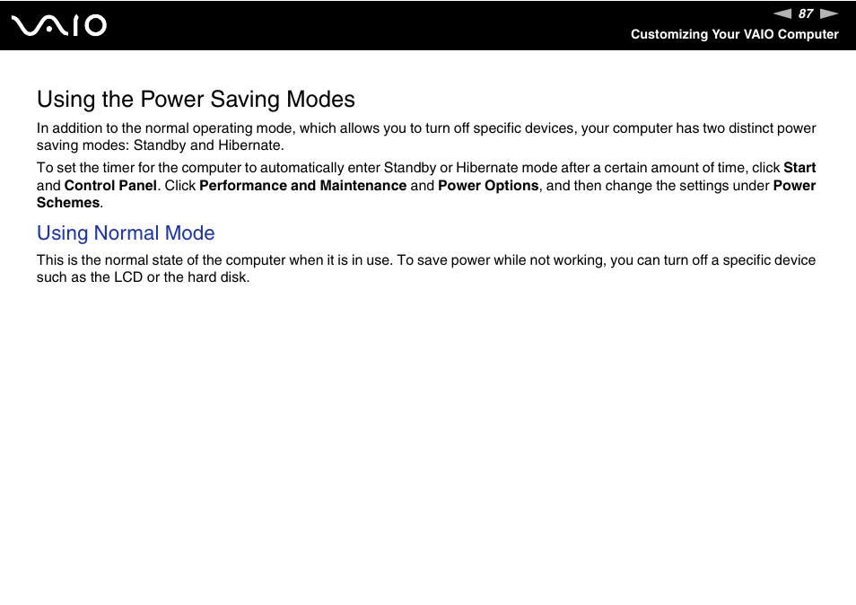 Using the power saving modes, Using normal mode | Sony VGC-RC210 User Manual | Page 87 / 175