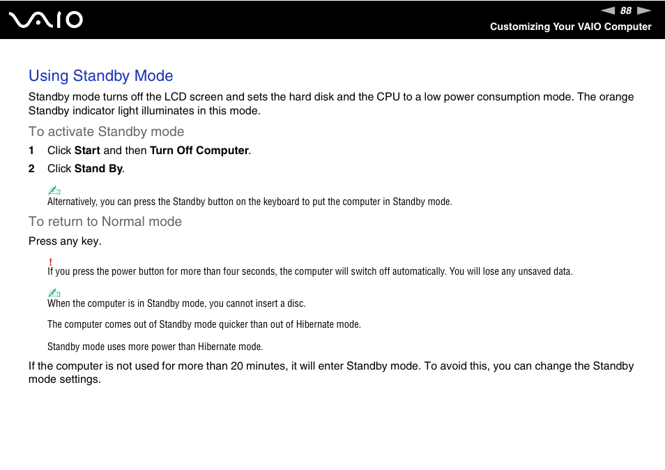 Using standby mode | Sony VGC-RC210 User Manual | Page 88 / 175