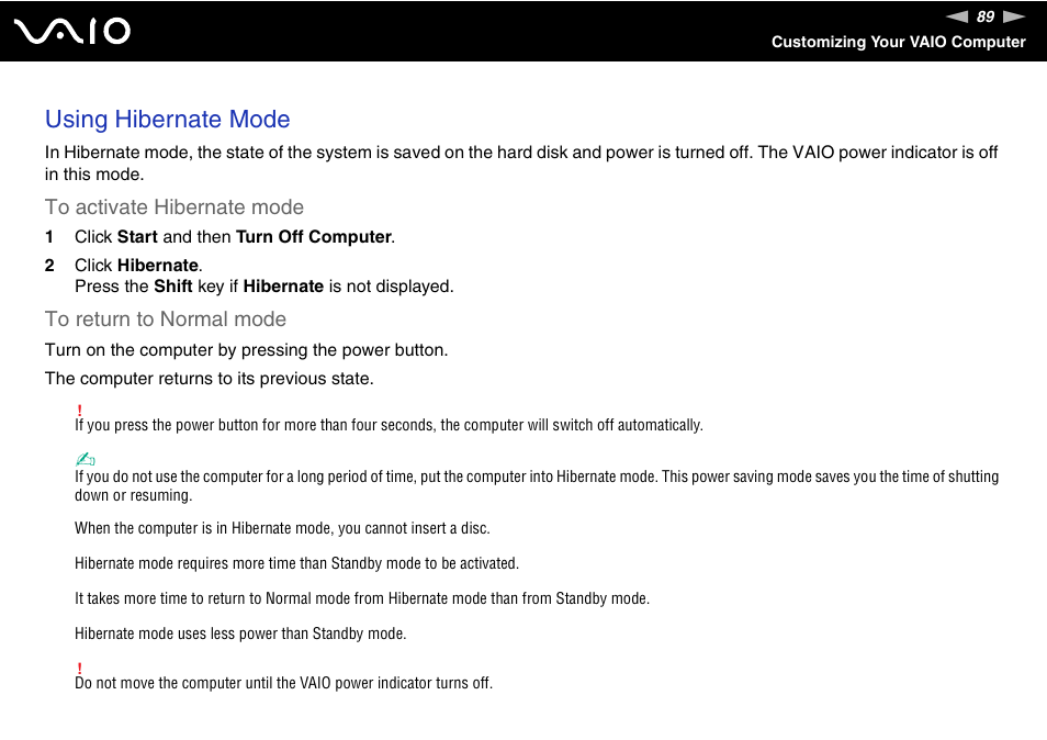 Using hibernate mode | Sony VGC-RC210 User Manual | Page 89 / 175