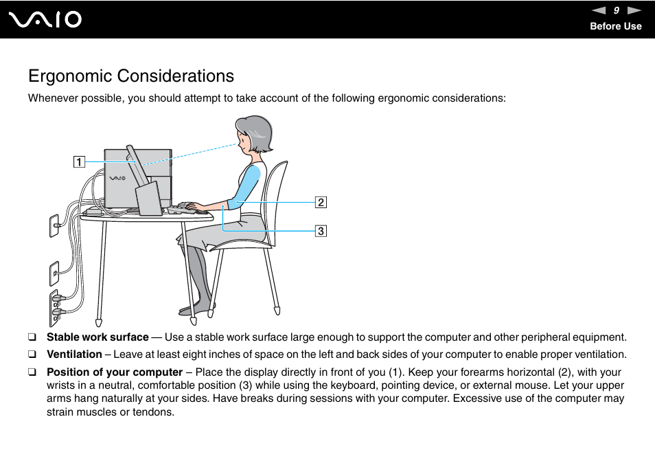 Ergonomic considerations | Sony VGC-RC210 User Manual | Page 9 / 175