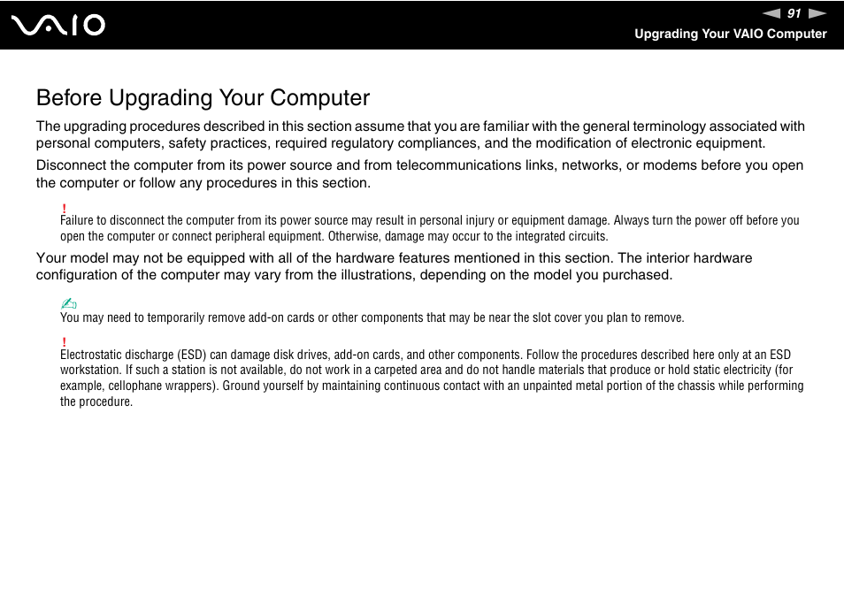 Before upgrading your computer | Sony VGC-RC210 User Manual | Page 91 / 175