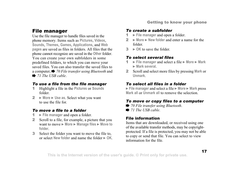 File manager | Sony K600i User Manual | Page 17 / 100