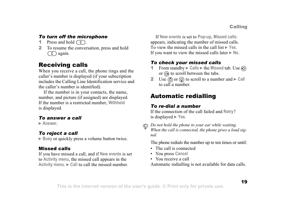 Receiving calls, Automatic redialling | Sony K600i User Manual | Page 19 / 100
