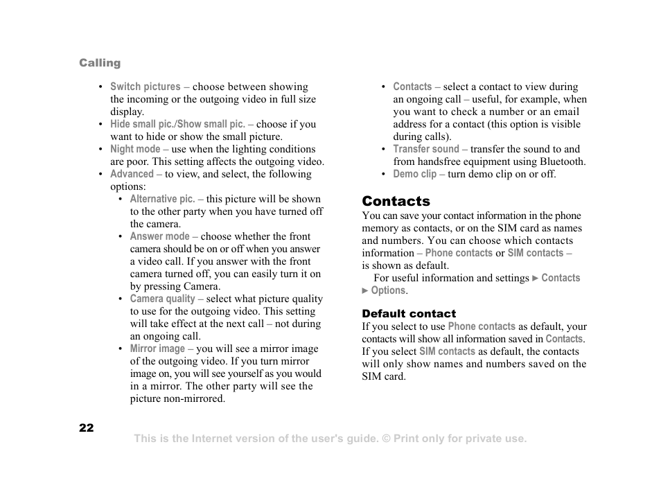 22 contacts, and, Contacts | Sony K600i User Manual | Page 22 / 100